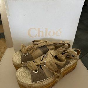 Chloe- Wedge Espadrilles- Dusty Khaki - New in Box- Size 41, Lace up.